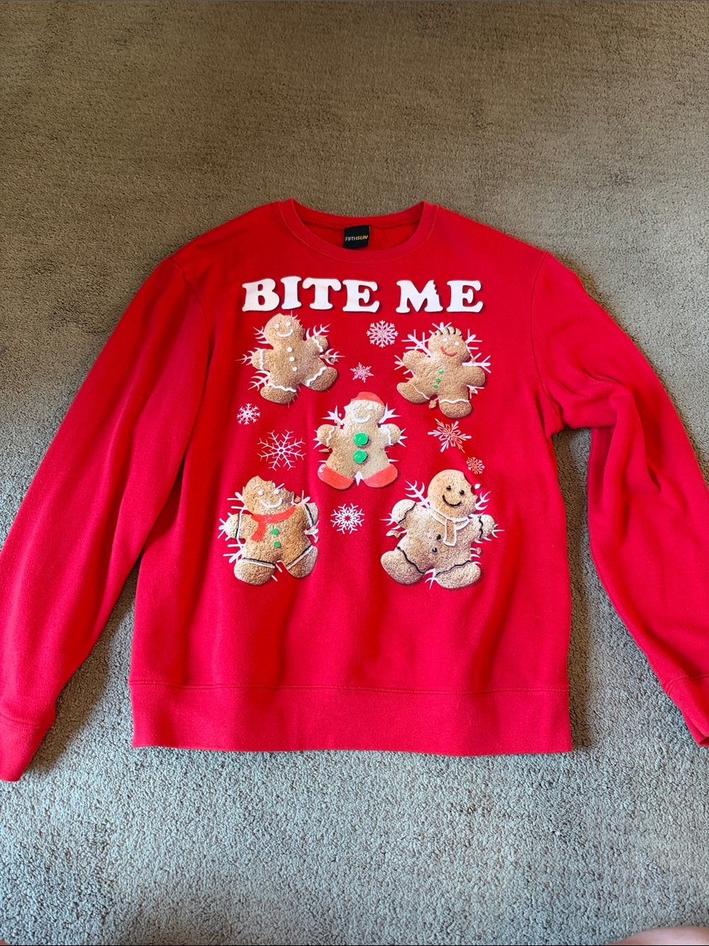 Fifth Sun Red 'Bite Me' Gingerbread Crewneck Sweater